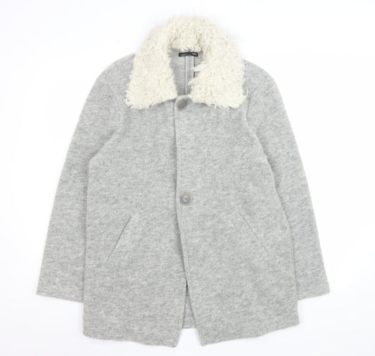 Zara Women Grey Wool Blend Fur Collar Mid-Length Coat Size S