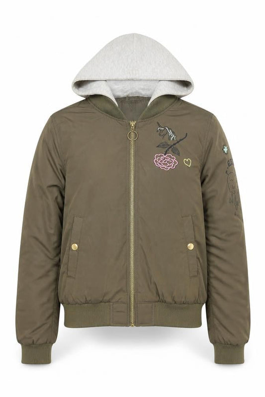 H&M Girls Green Hooded Bomber Jacket 11-12 Years Unicorn Embroidered