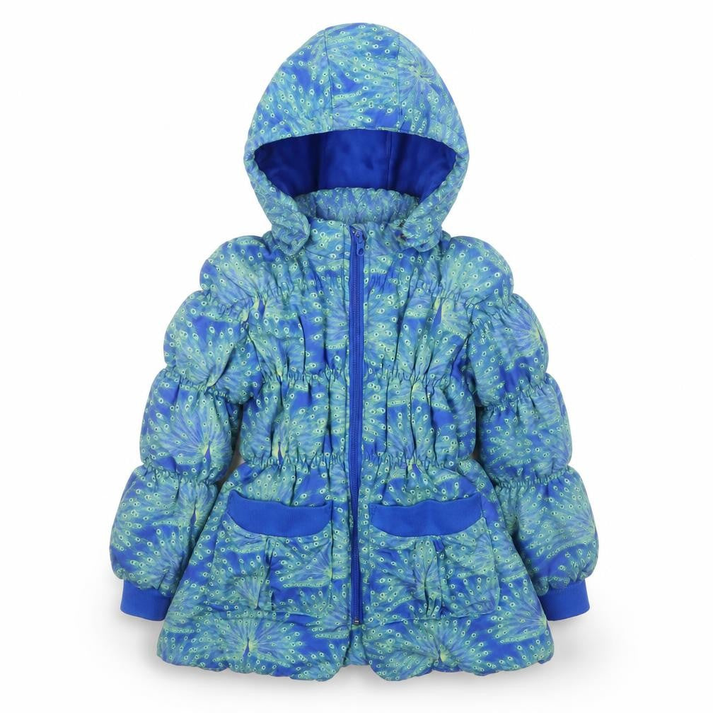 Mim-Pi Girls Blue Peacock Print Puffer Coat 7 Years Hooded Lined Zip