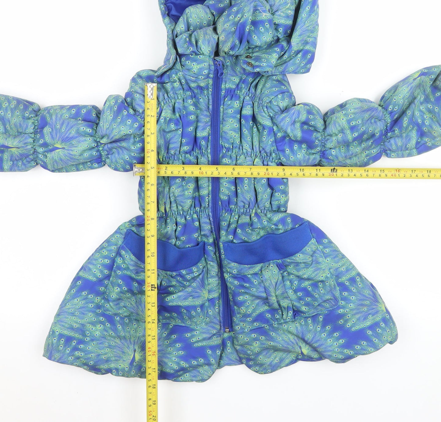 Mim-Pi Girls Blue Peacock Print Puffer Coat 7 Years Hooded Lined Zip