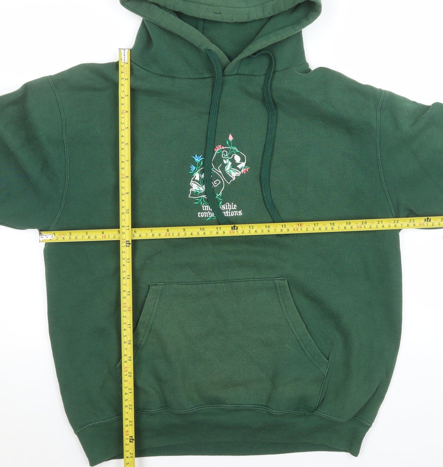 Impossible Conversations Men's Green Pullover Hoodie Size M Embroidered Graphic