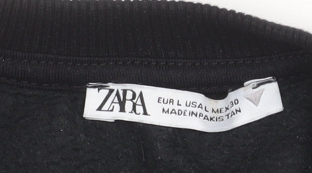 ZARA Women Black L Cropped Pullover Sweatshirt Cotton Blend