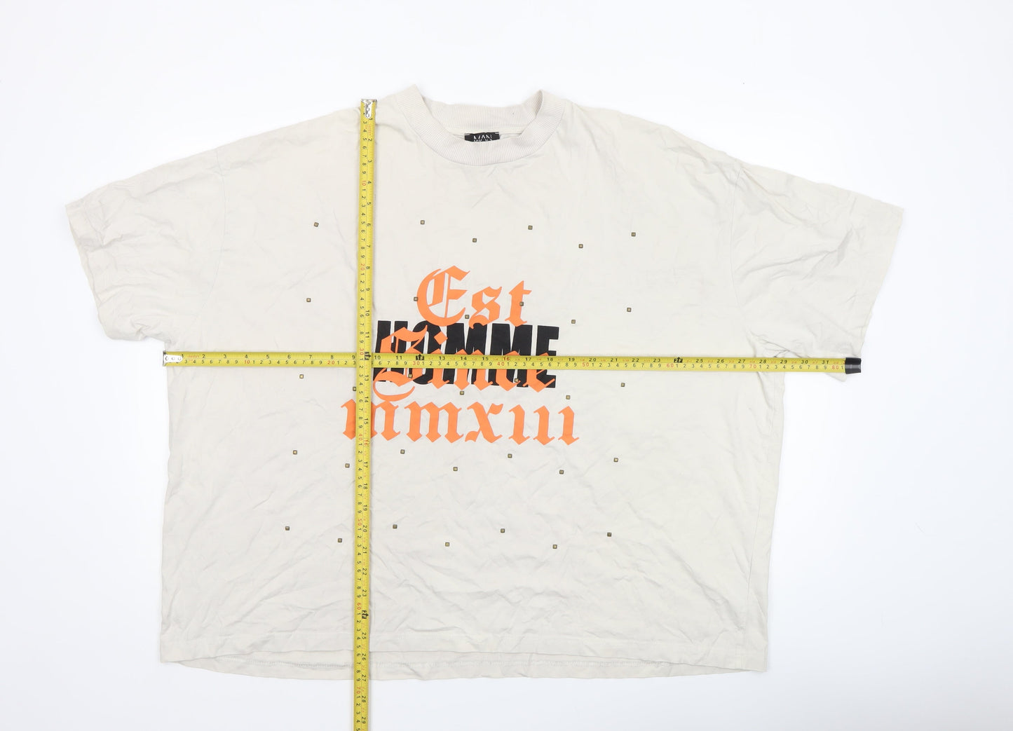 boohooMAN Men's Beige 2XL Studded Graphic Print Relaxed Fit T-Shirt