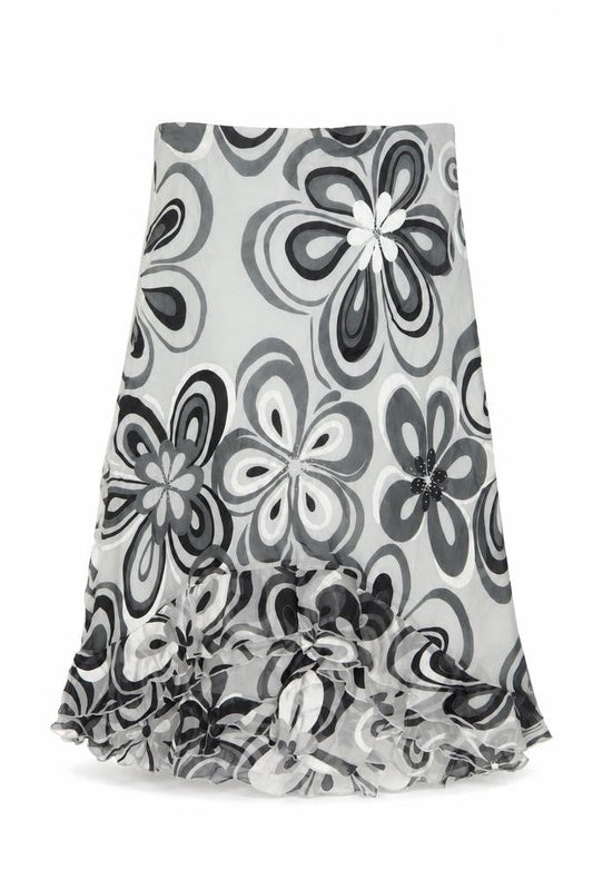 Arruba Women’s Grey Floral Silk Midi Flare Skirt Size 14