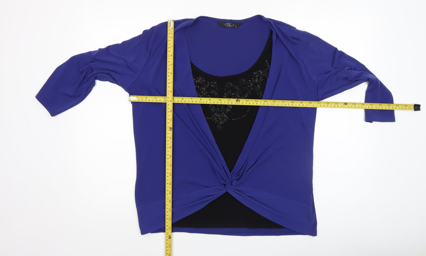Bm Women Blue Beaded Wrap Blouse Size 16 3/4 Sleeve