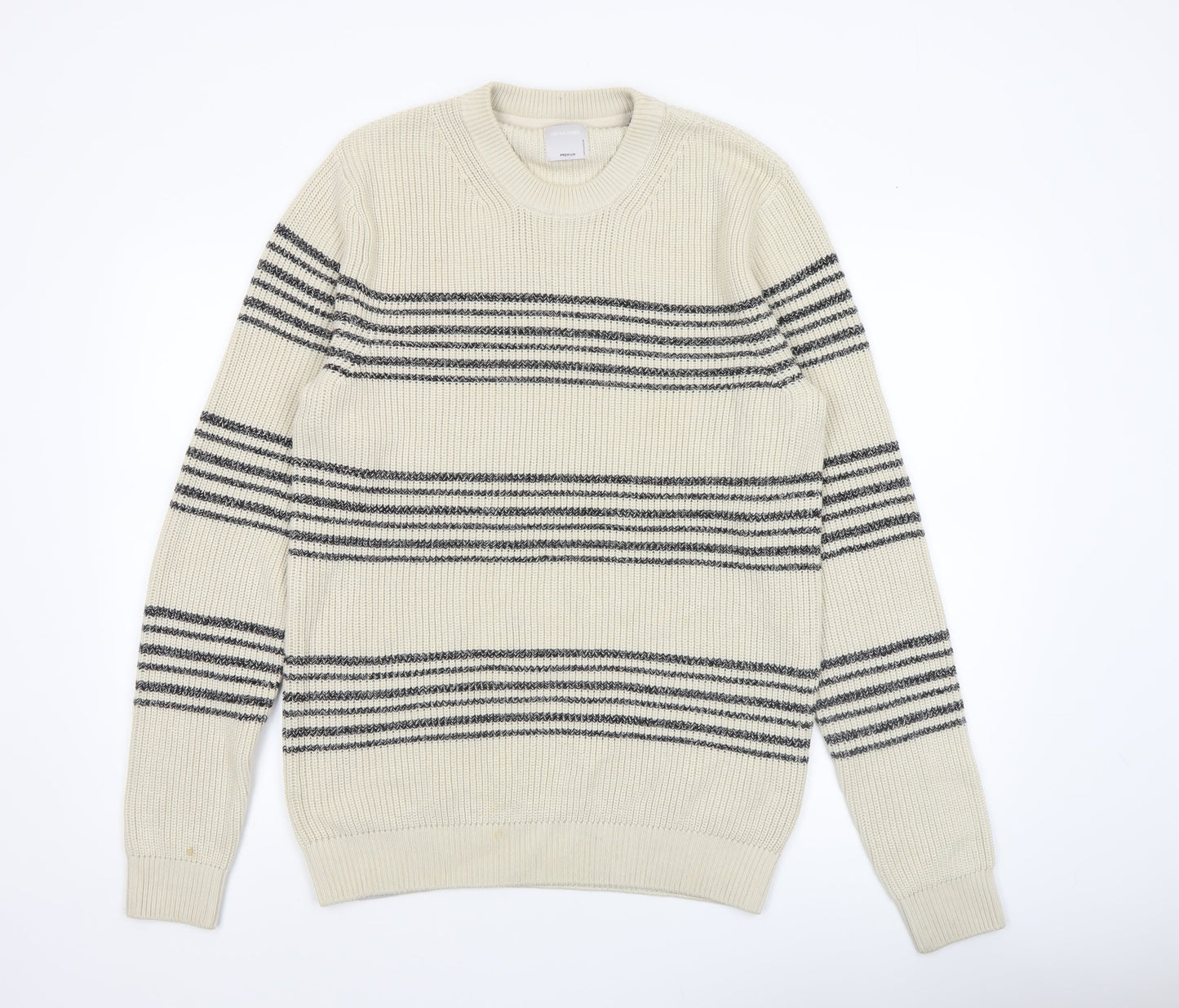 Jack & Jones Men’s Ivory Striped Cotton Knit Jumper Size M