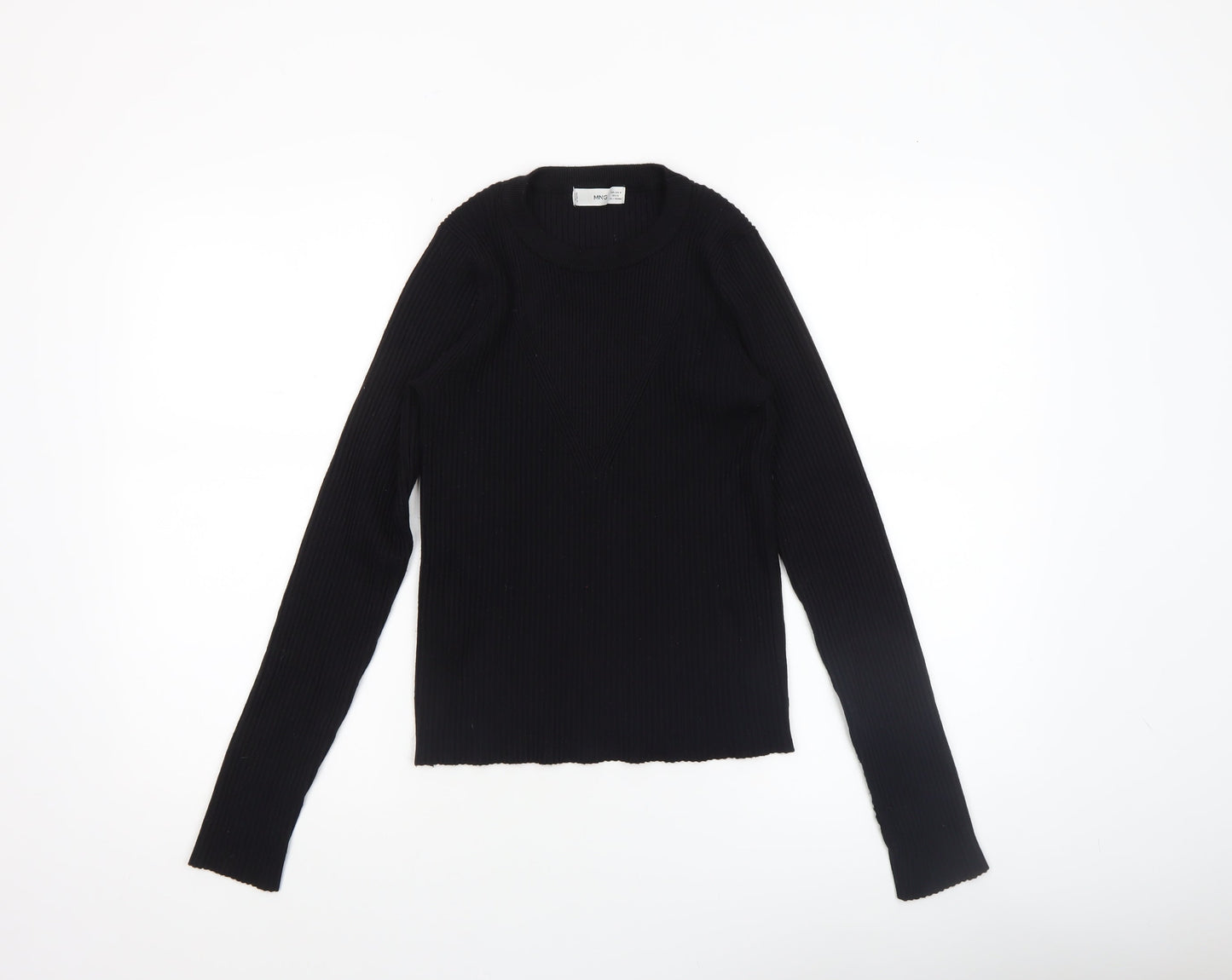 MNG Women Black Slim Fit Ribbed Knit Long Sleeve Pullover Jumper Size 12