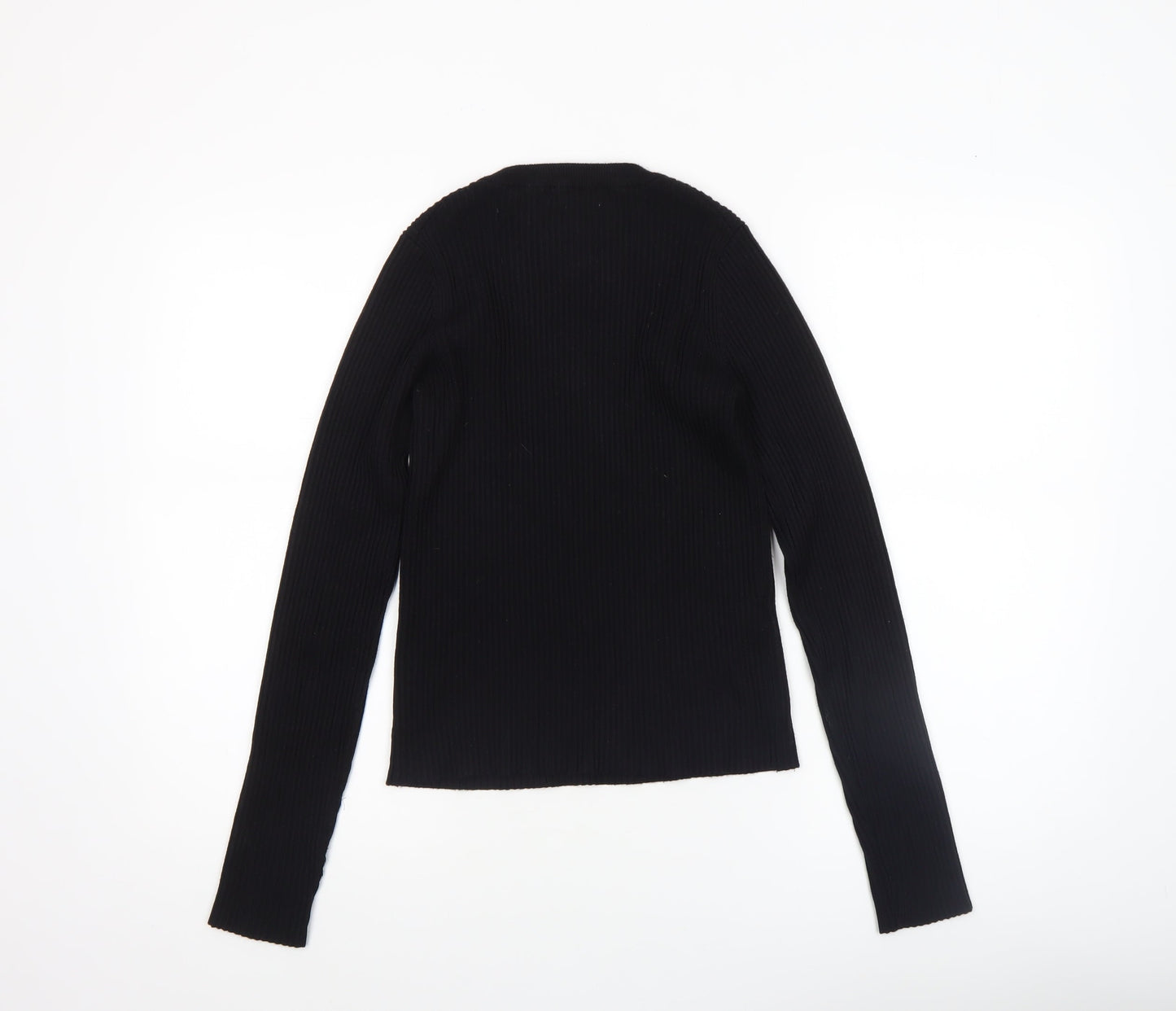 MNG Women Black Slim Fit Ribbed Knit Long Sleeve Pullover Jumper Size 12