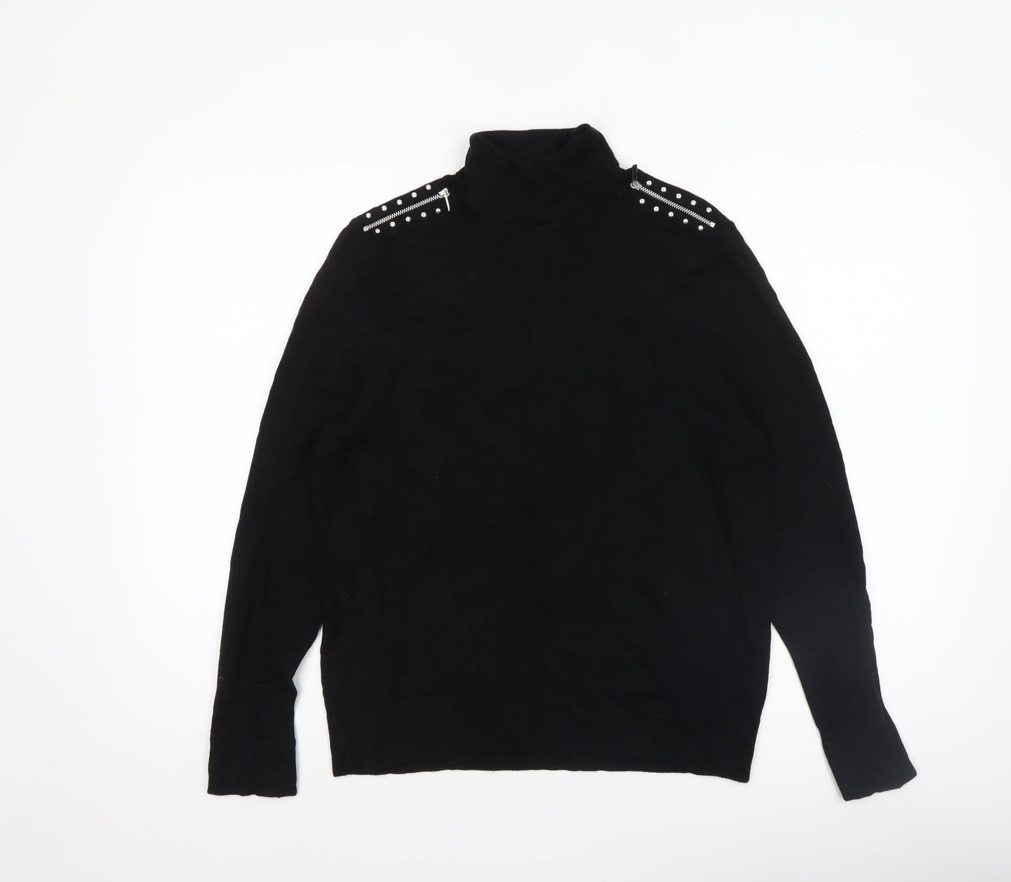 Wallis Womens Black Roll Neck Studded Shoulder Jumper UK 12