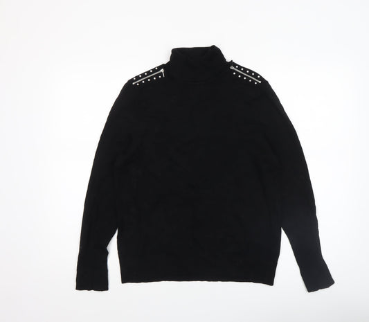 Wallis Womens Black Roll Neck Studded Shoulder Jumper UK 12