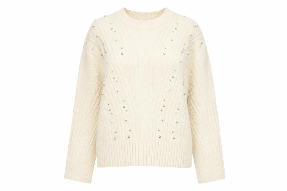Marks & Spencer Women Ivory Beaded Cable-Knit Jumper S