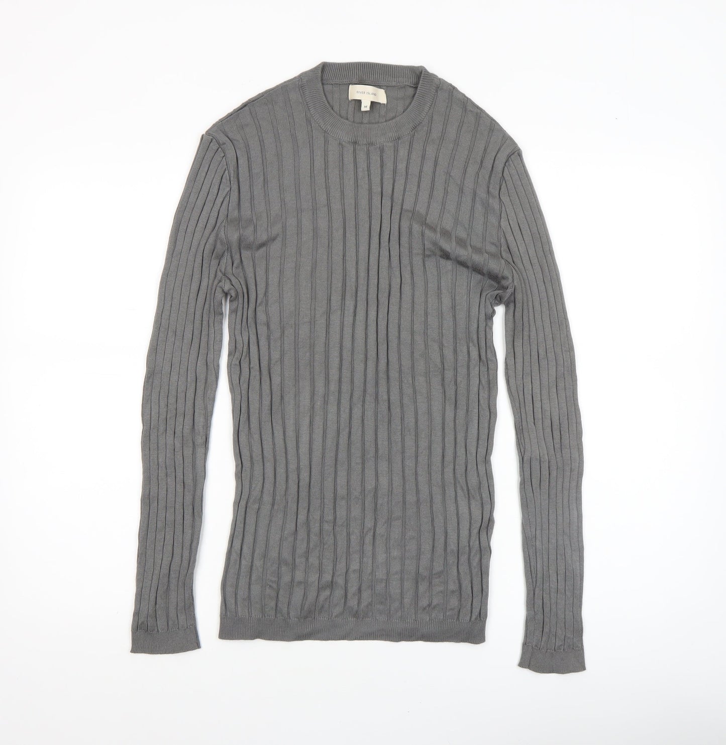 River Island Womens Grey Ribbed Knit Crew Neck Long Sleeve Jumper M
