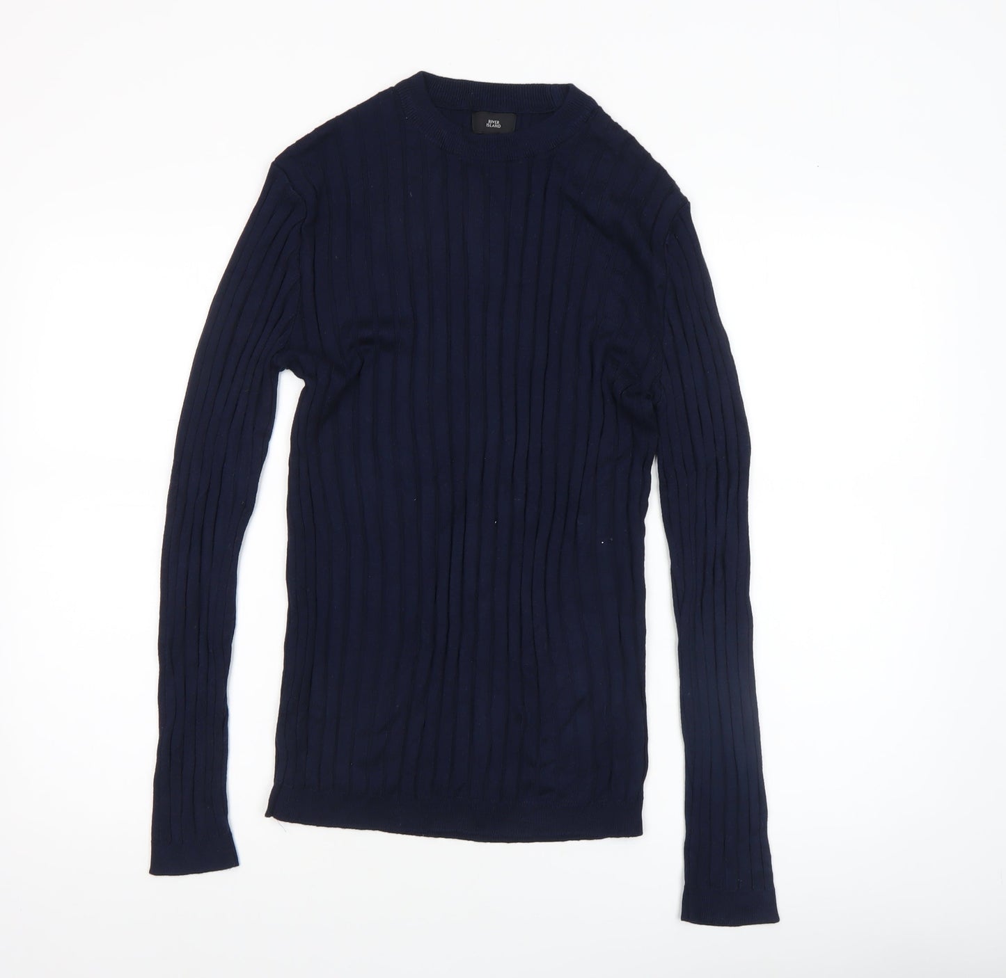 River Island Women's Blue Ribbed Slim Fit Long Sleeve Cotton Jumper M