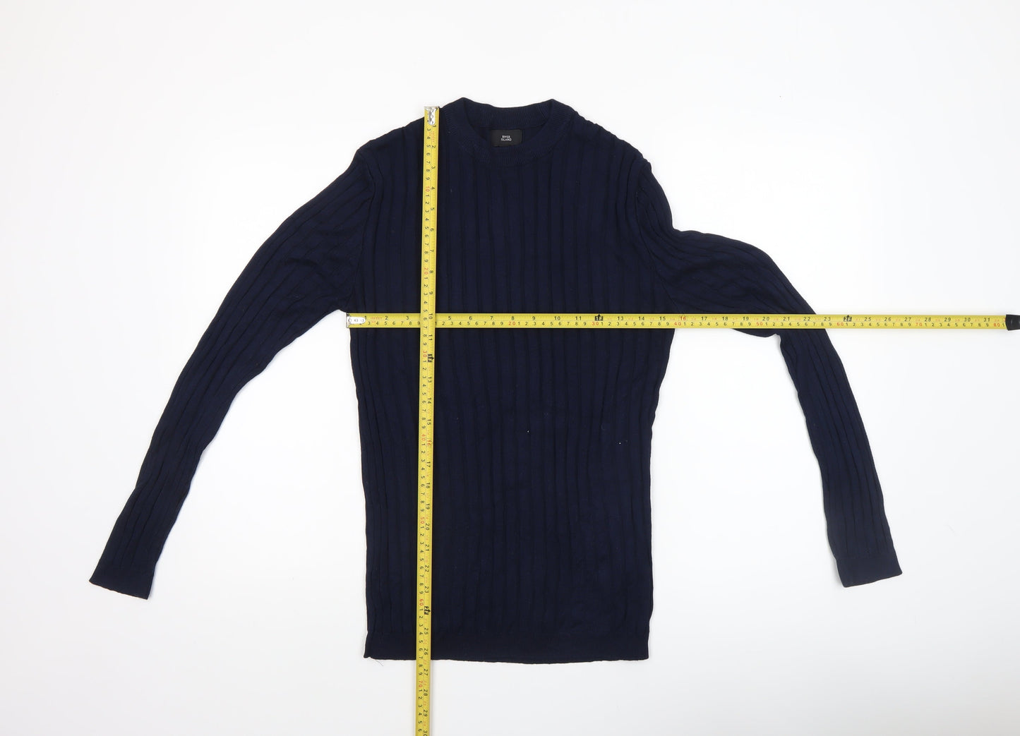 River Island Women's Blue Ribbed Slim Fit Long Sleeve Cotton Jumper M