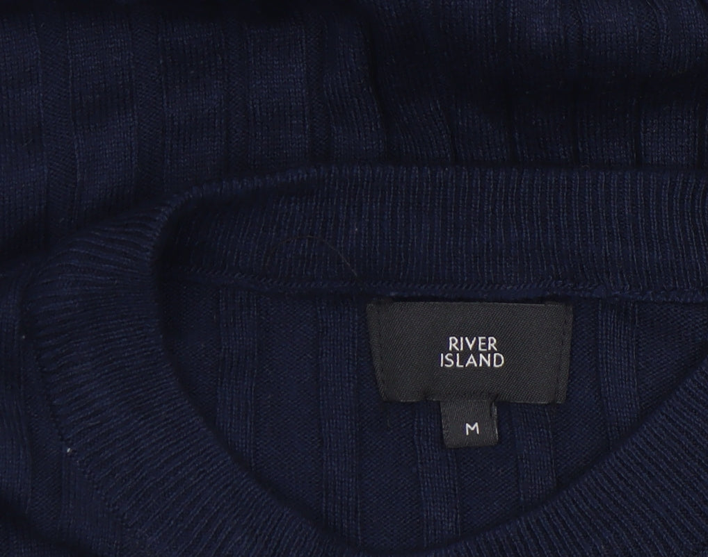 River Island Women's Blue Ribbed Slim Fit Long Sleeve Cotton Jumper M