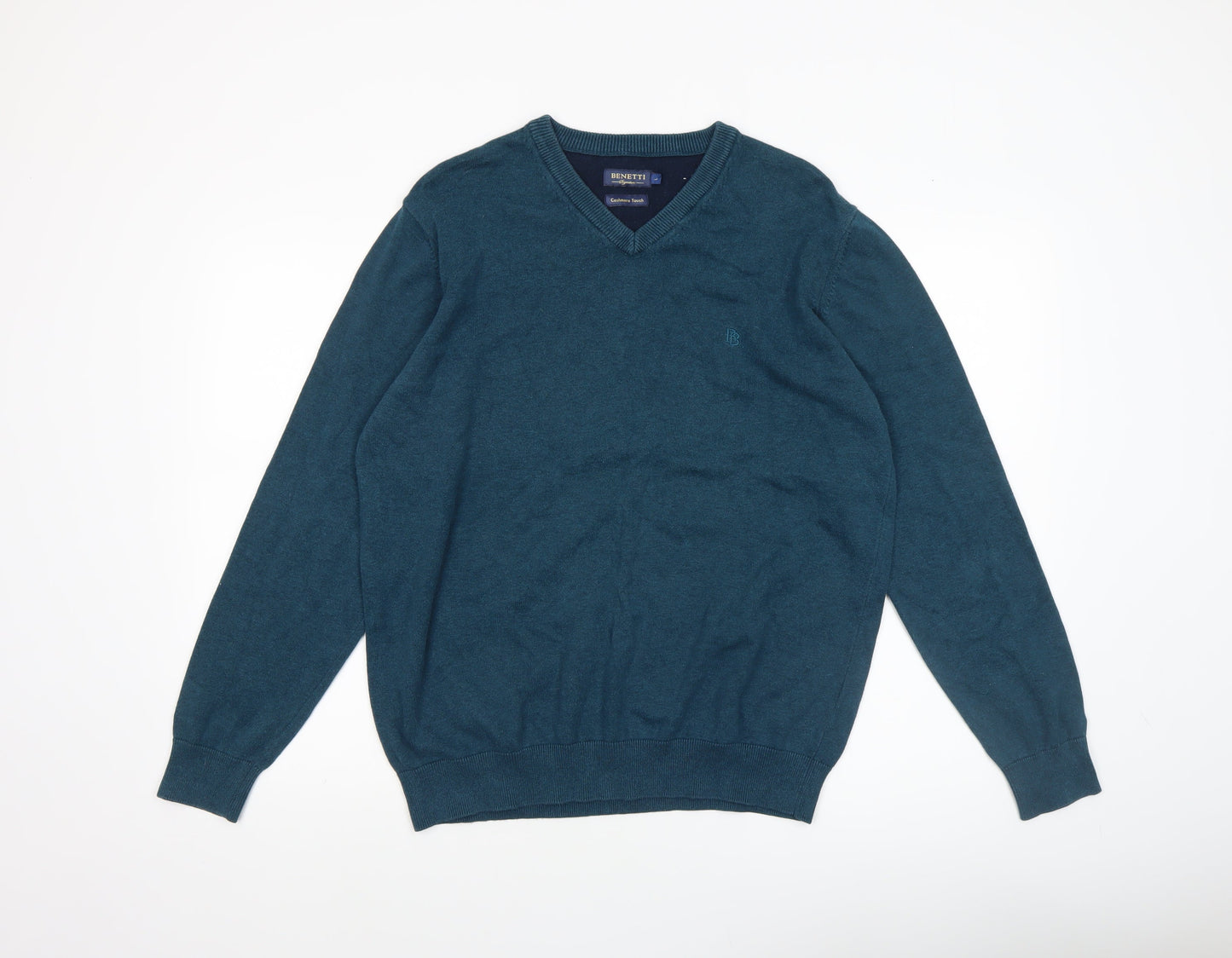 Benetti Men's Blue Cotton V-Neck Jumper L Classic Knit