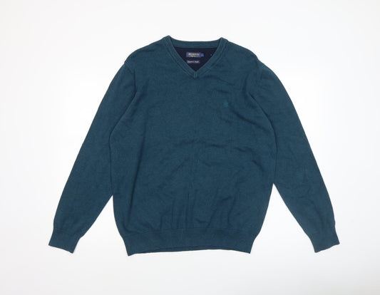 Benetti Men's Blue Cotton V-Neck Jumper L Classic Knit