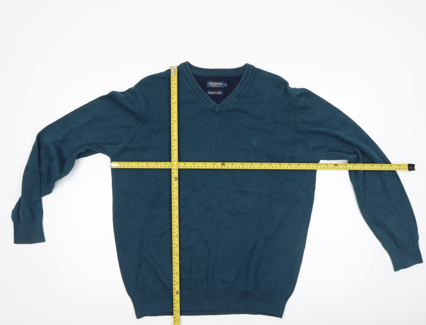 Benetti Men's Blue Cotton V-Neck Jumper L Classic Knit