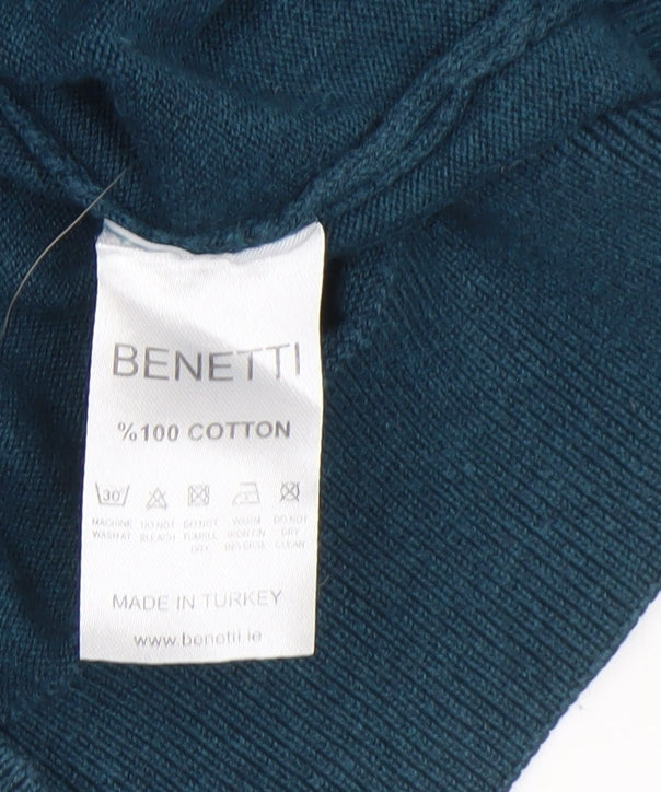 Benetti Men's Blue Cotton V-Neck Jumper L Classic Knit