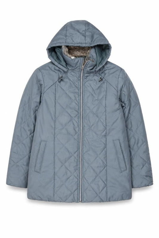 Front view of Anne de Lancay Women’s Grey Quilted Hooded Puffer Coat, size L