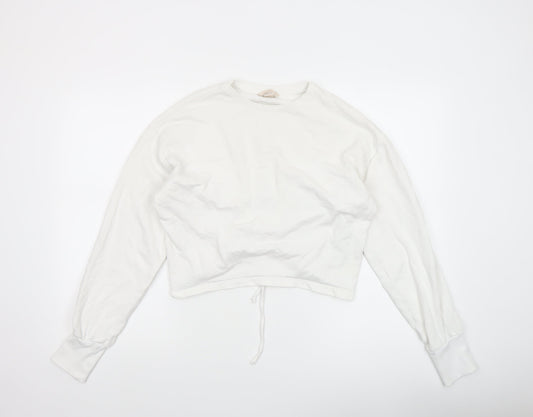 H&M Women White Cotton Cropped Long Sleeve Crew Neck Top Size 8