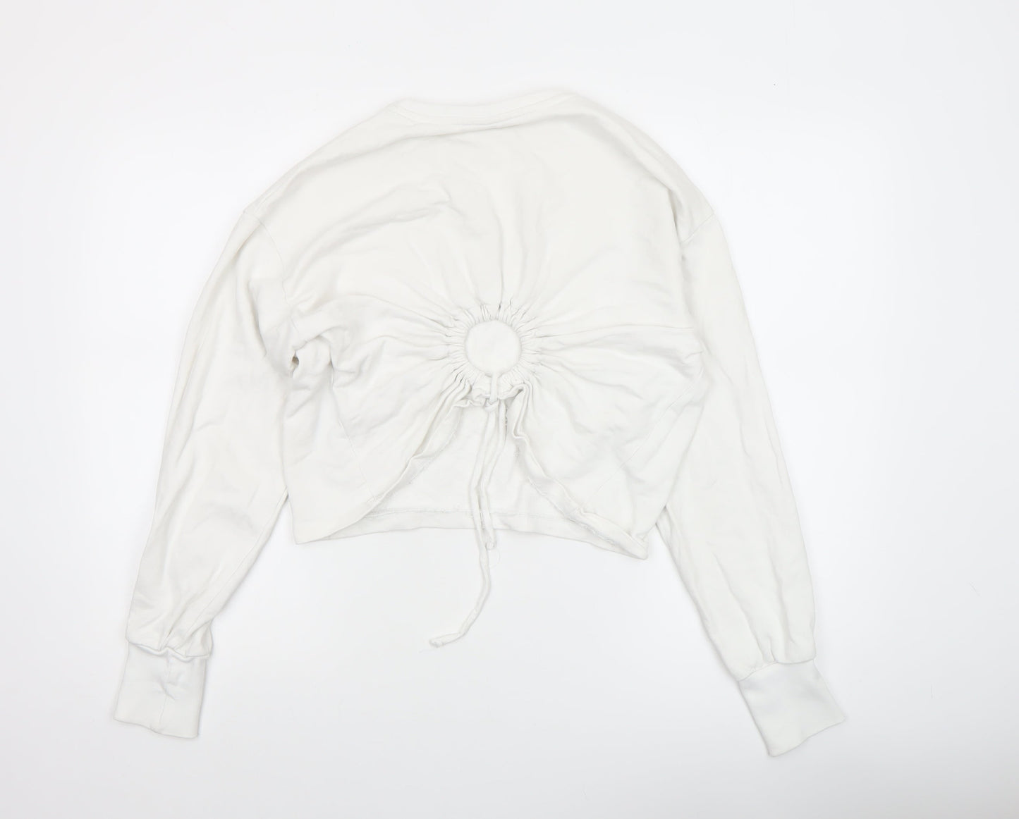 H&M Women White Cotton Cropped Long Sleeve Crew Neck Top Size 8