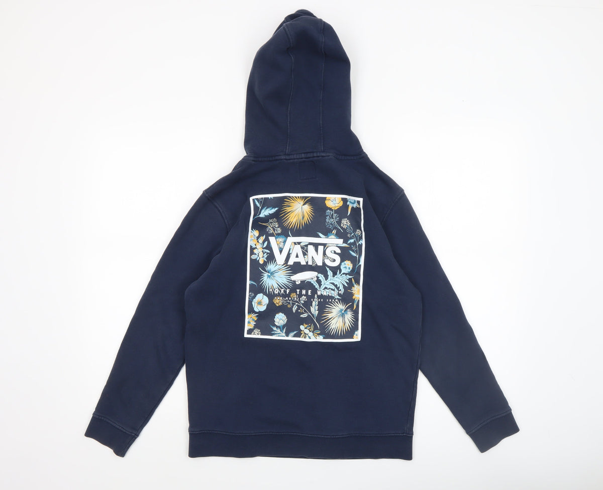 Vans Boys Navy Pullover Hoodie Large Logo Floral Graphic Blue Sweatshirt