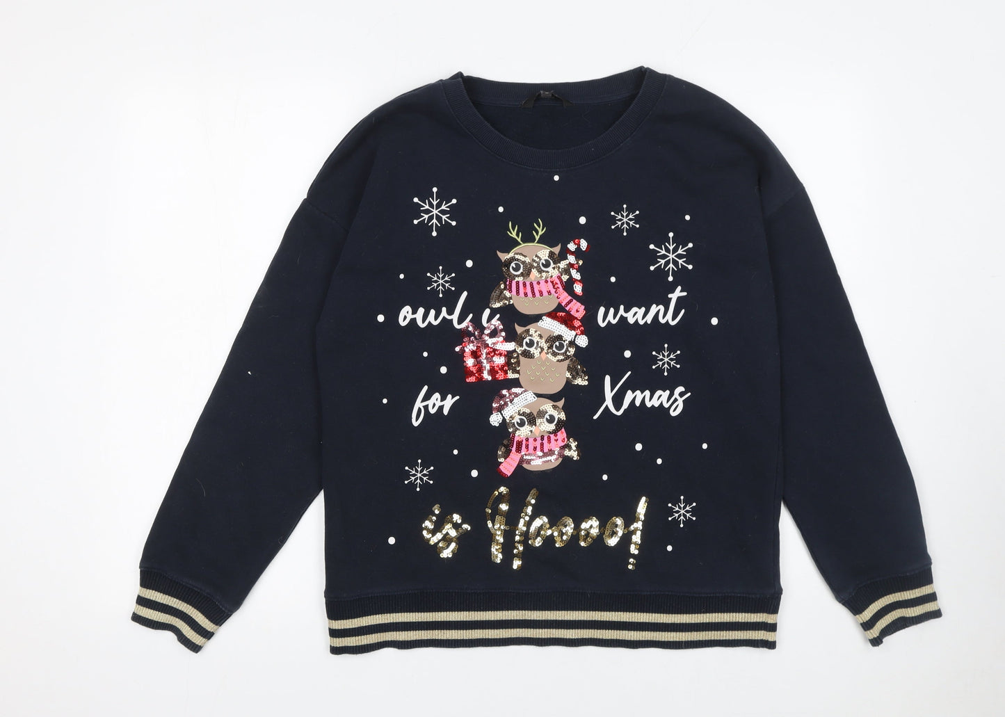 Next Women Navy Christmas Owl Sequin Sweatshirt M