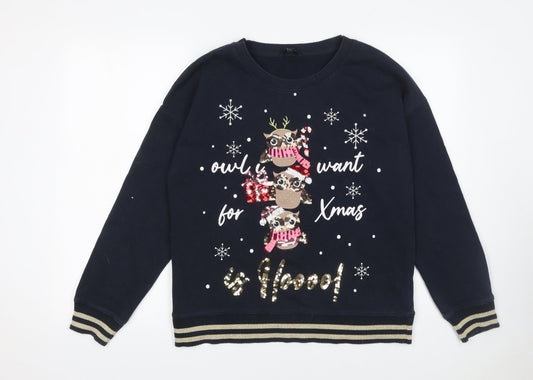 Next Women Navy Christmas Owl Sequin Sweatshirt M