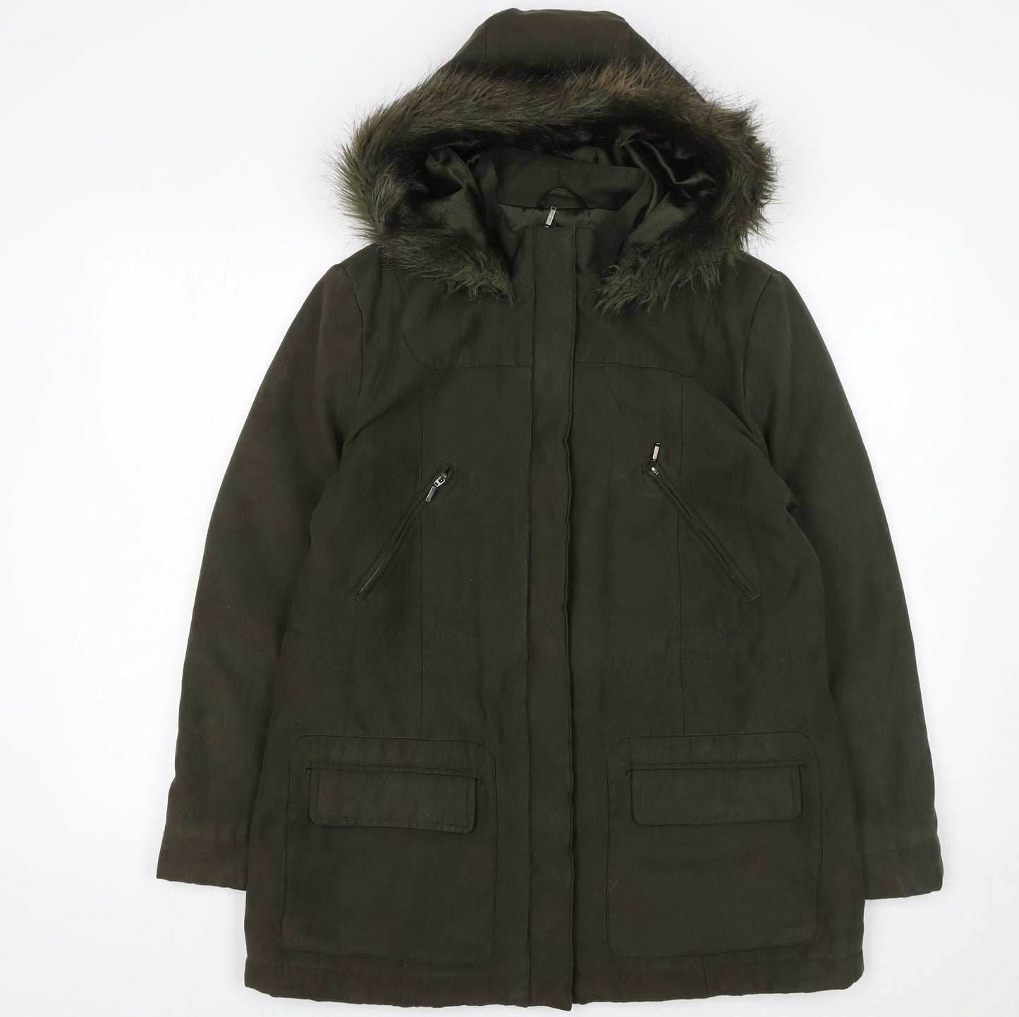Marks and Spencer Womens Green Faux Fur Hooded Parka Coat UK 14