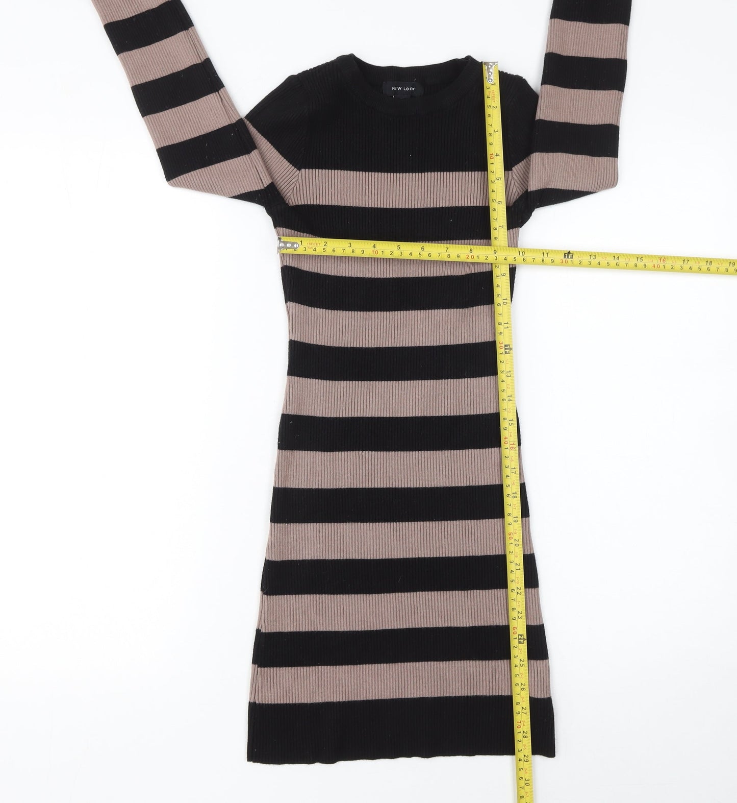 New Look Women Black Striped Bodycon Knit Dress Size 8 Long Sleeve