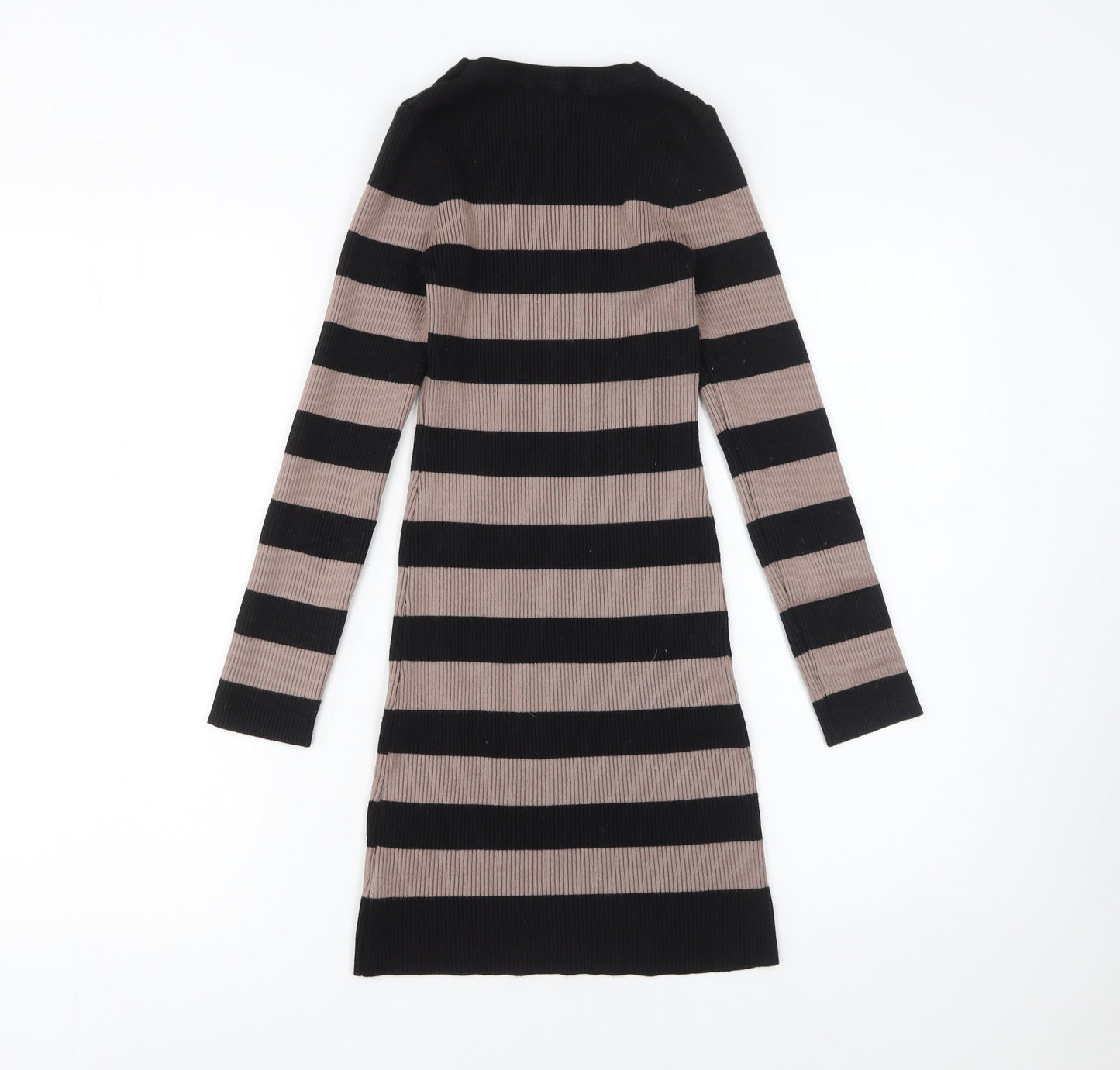 New Look Women Black Striped Bodycon Knit Dress Size 8 Long Sleeve