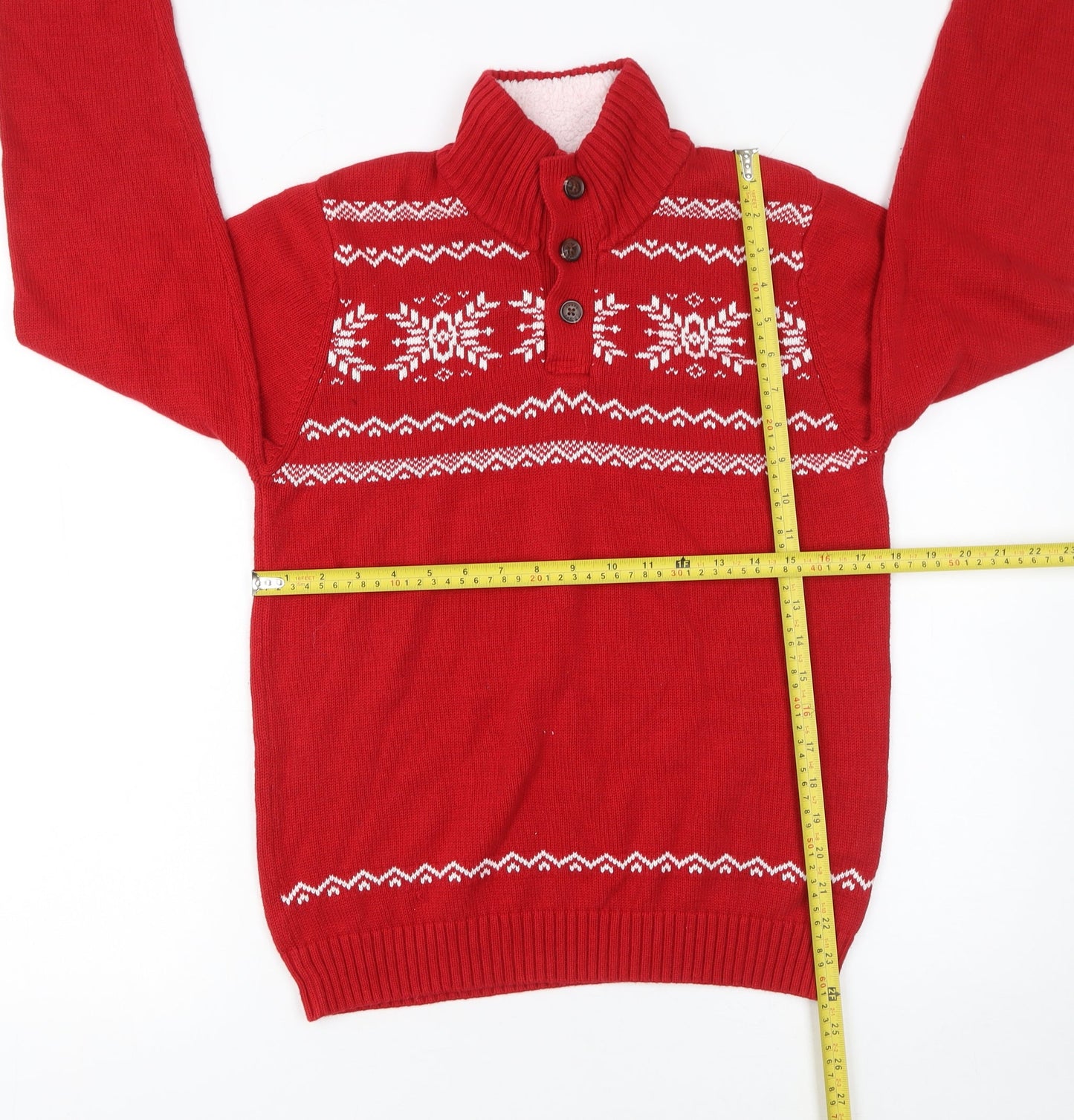 CHAPS Women Red Fair Isle Henley Jumper Size 14 Winter Knitwear