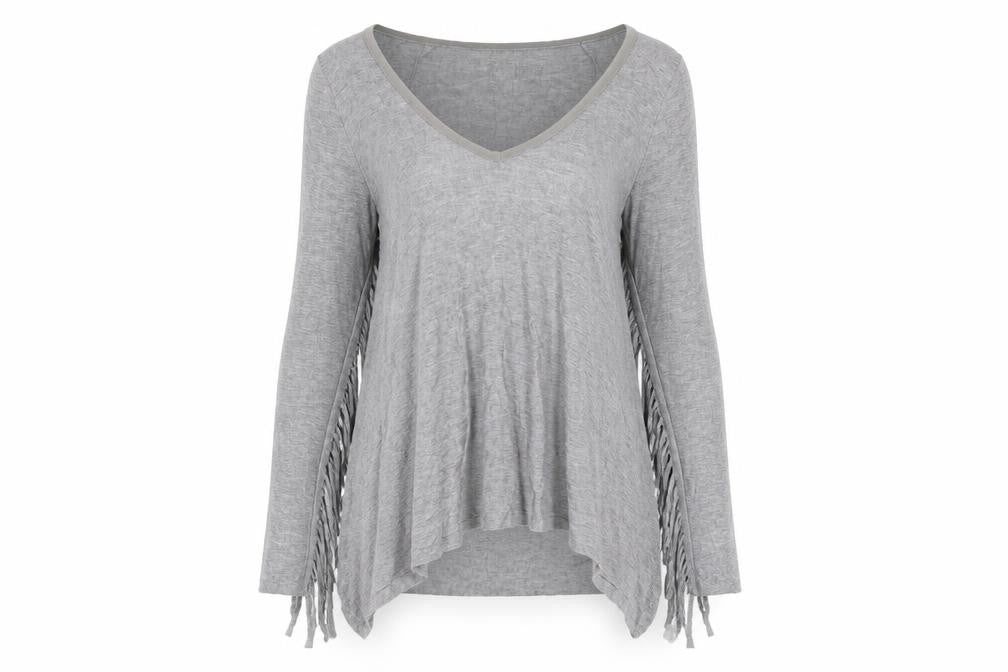 Zara Women Grey Viscose Blend Fringe V-Neck Pullover Jumper Size 8