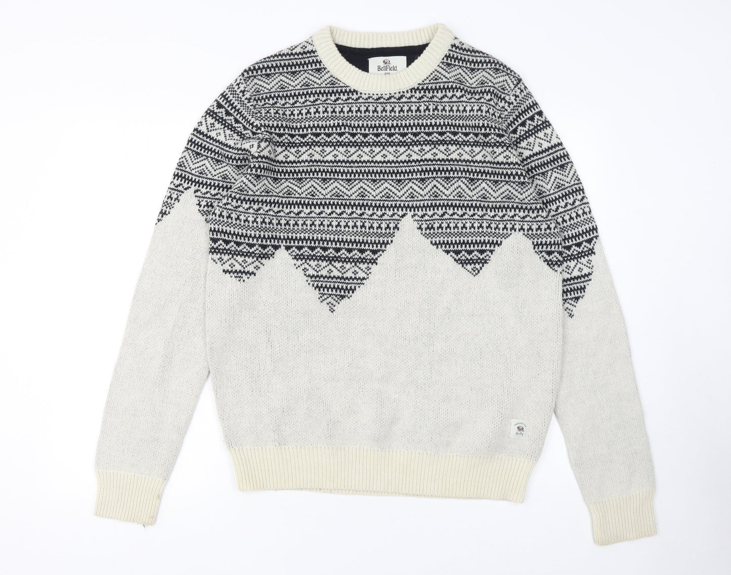 Bellfield Men's Grey Fair Isle Knit Jumper Size L Wool Blend Crew Neck