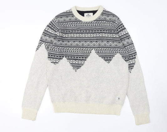 Bellfield Men's Grey Fair Isle Knit Jumper Size L Wool Blend Crew Neck