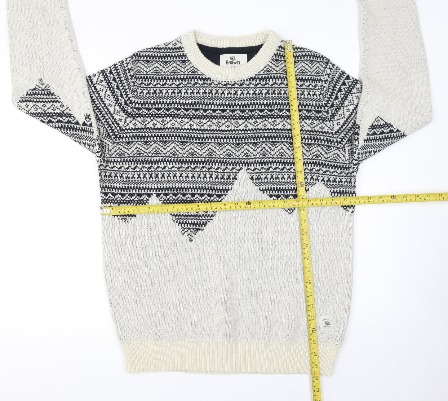 Bellfield Men's Grey Fair Isle Knit Jumper Size L Wool Blend Crew Neck