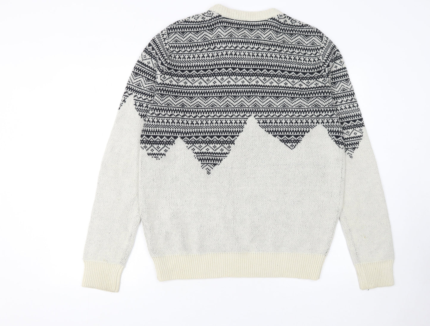 Bellfield Men's Grey Fair Isle Knit Jumper Size L Wool Blend Crew Neck