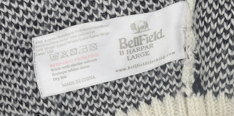 Bellfield Men's Grey Fair Isle Knit Jumper Size L Wool Blend Crew Neck