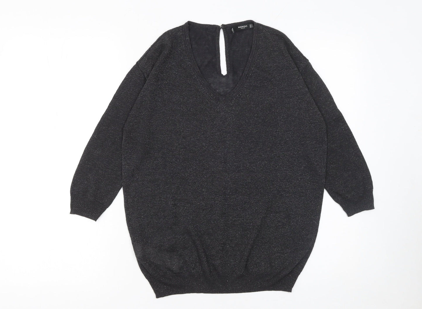 Mango Women Black Viscose Knit V-Neck Relaxed Pullover Jumper Size S