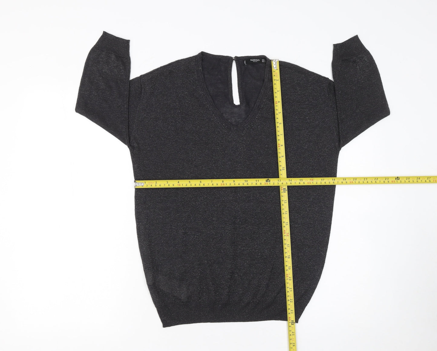 Mango Women Black Viscose Knit V-Neck Relaxed Pullover Jumper Size S