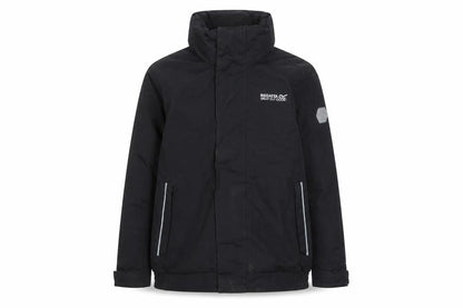 Front view of Regatta boys’ black waterproof puffer jacket 5-6 years hooded winter coat