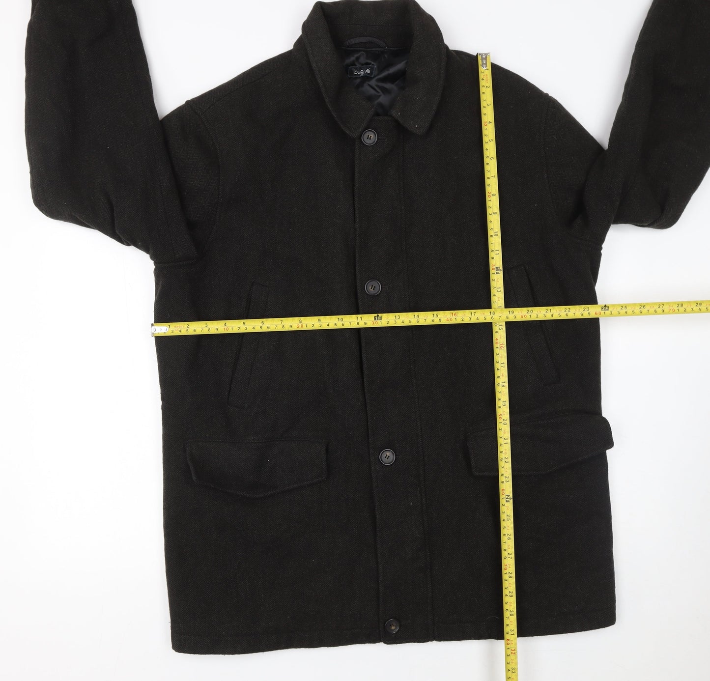 Bugatti Men's Black Wool 44R Classic Mid-Length Overcoat