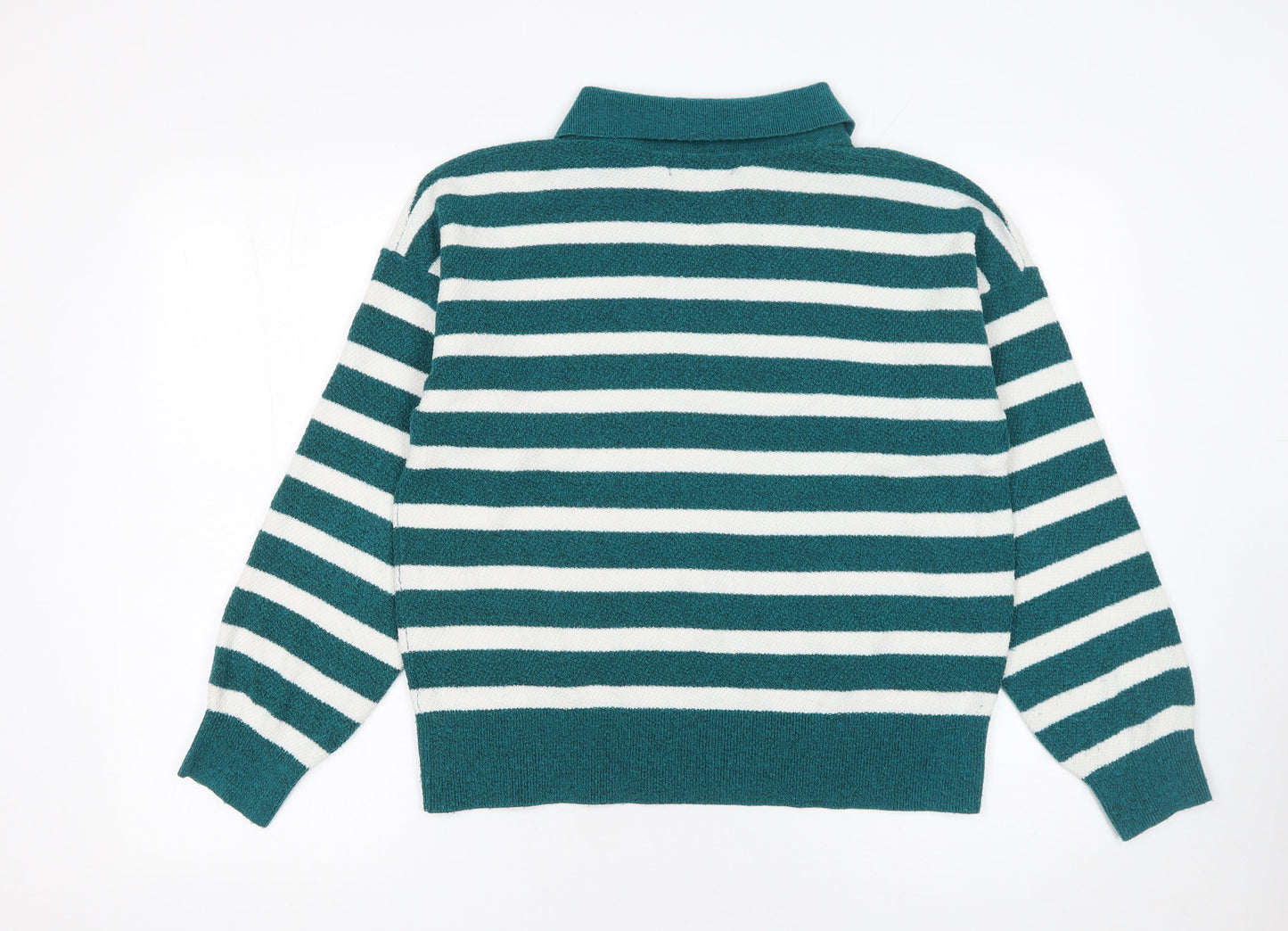 Marks and Spencer Women's Green Striped Collared Pullover Jumper Size M