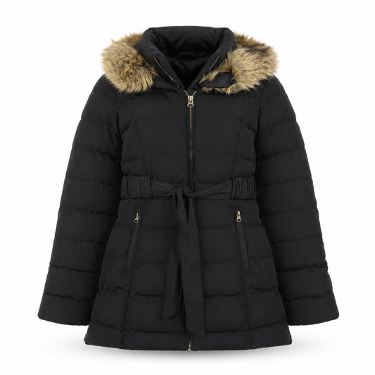 Golddigga Womens Black Long Puffer Coat Size 6 Hooded Fur Trim Winter Jacket