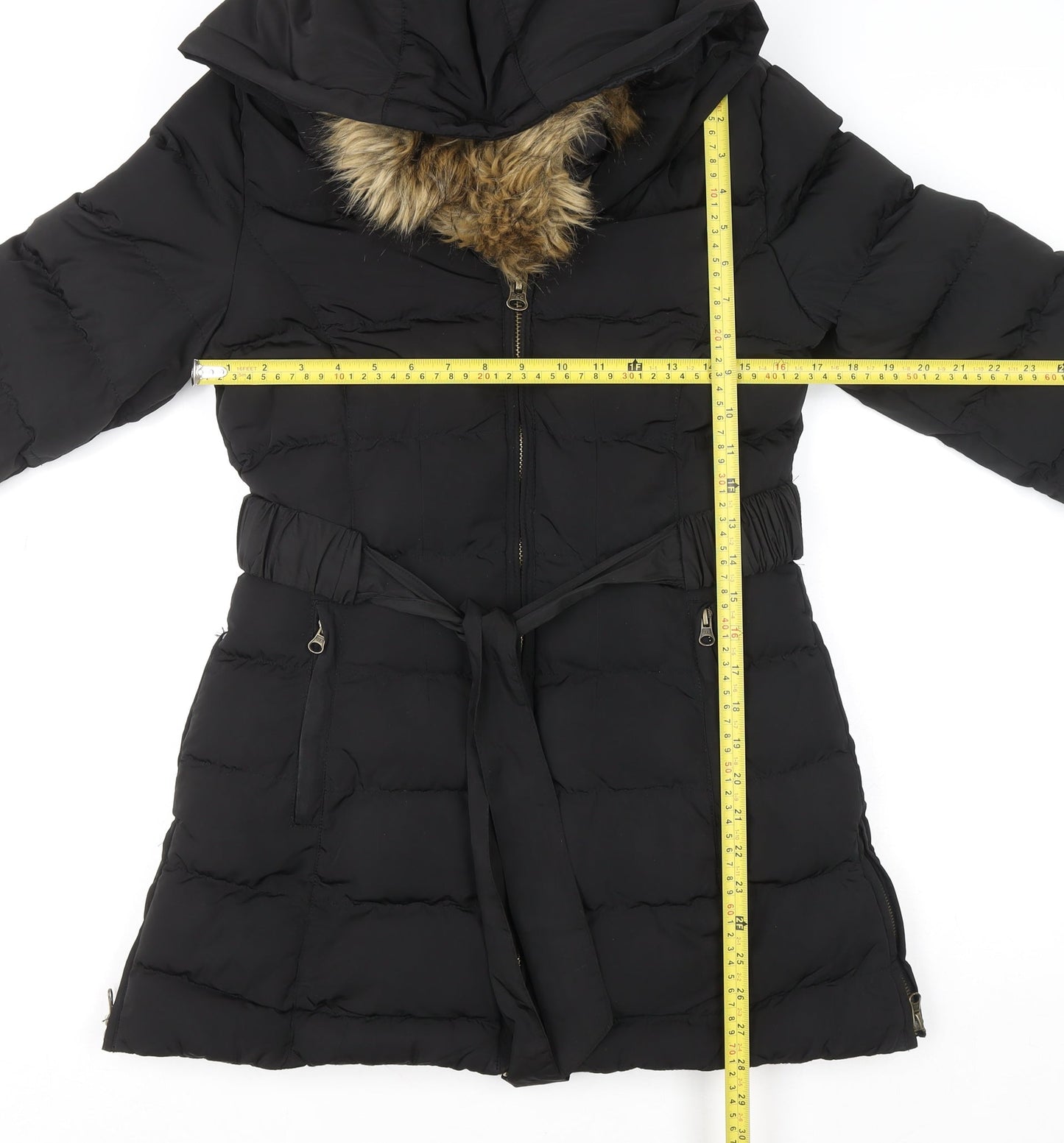 Golddigga Womens Black Long Puffer Coat Size 6 Hooded Fur Trim Winter Jacket