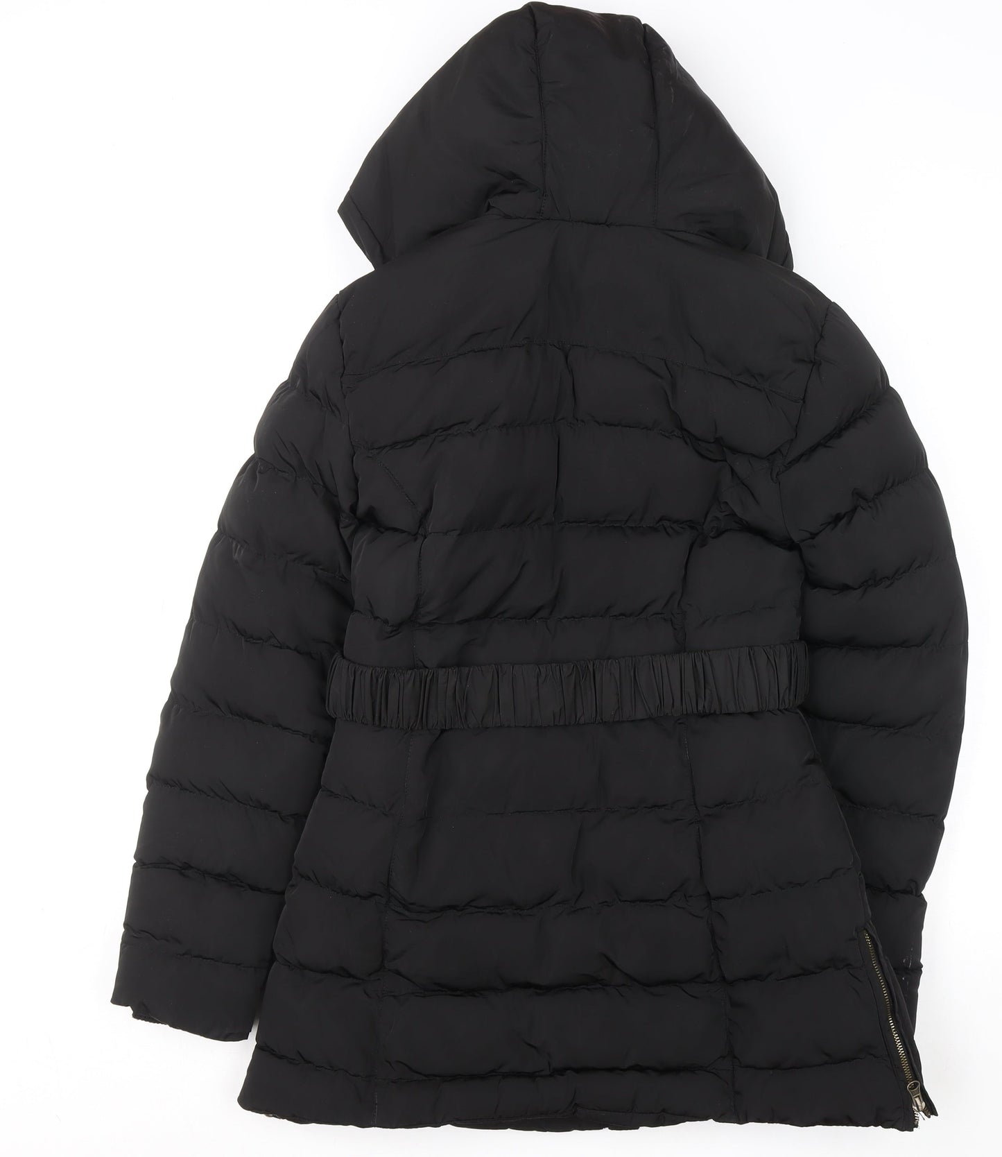 Golddigga Womens Black Long Puffer Coat Size 6 Hooded Fur Trim Winter Jacket