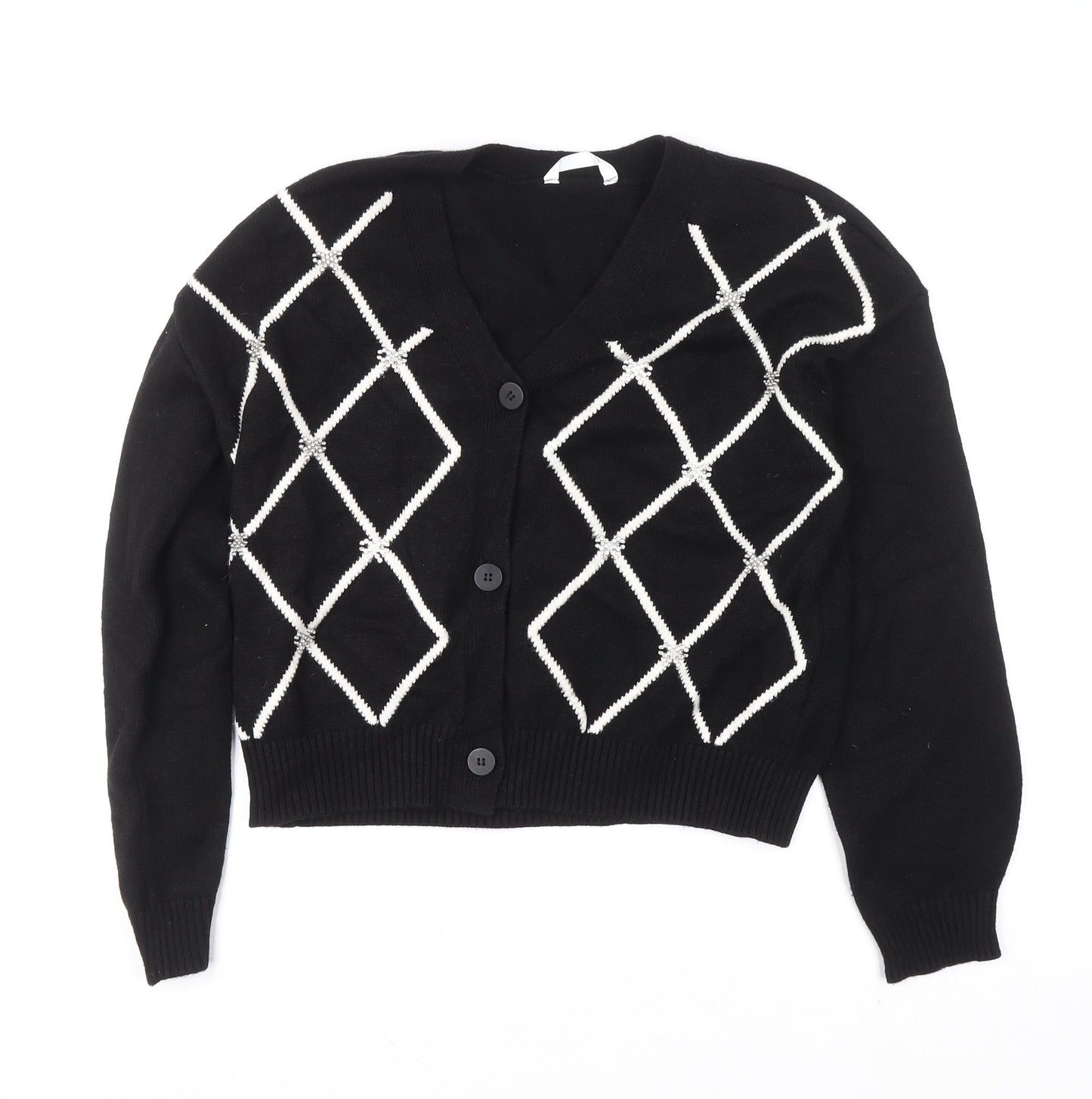 Marks and Spencer Girls Black Argyle Button Cardigan Size 13-14 Years