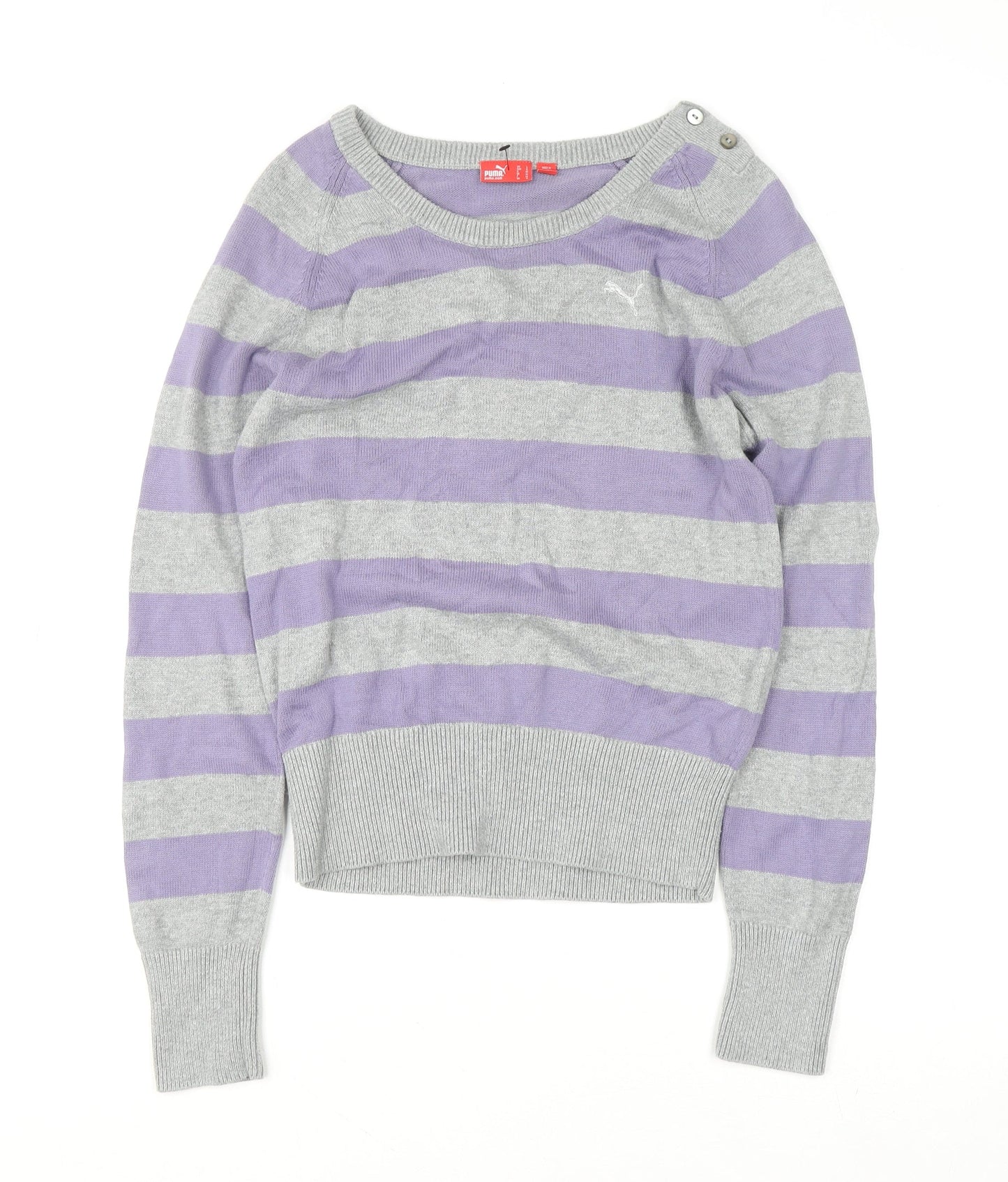Puma Womens Grey Purple Striped Boat Neck Jumper Size 14