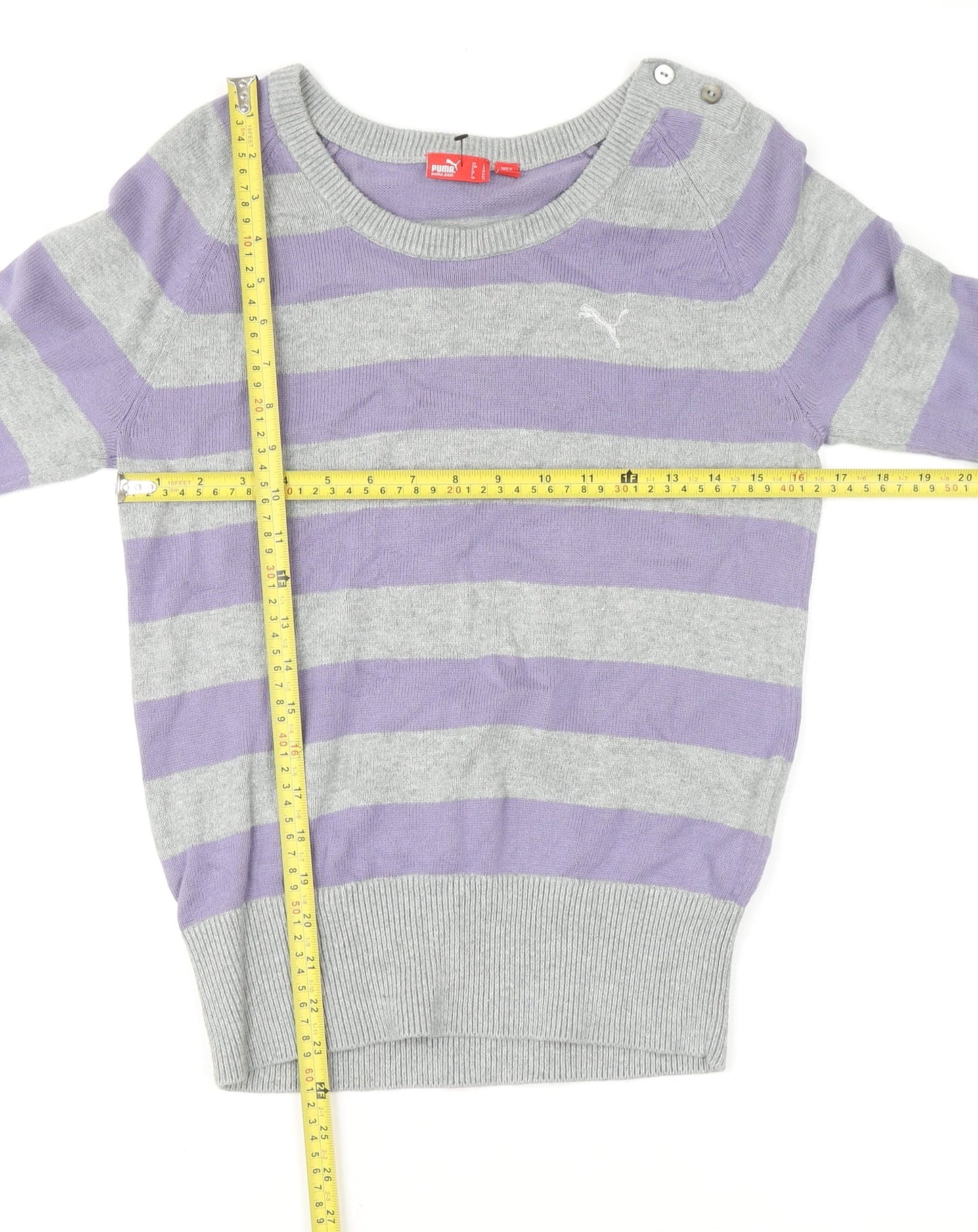 Puma Womens Grey Purple Striped Boat Neck Jumper Size 14